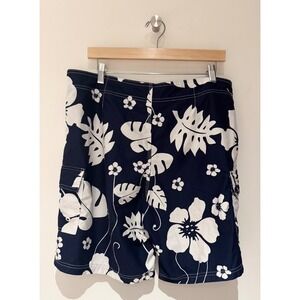 Island Company Men's Lined Swim Trunks Sz L Blue White Floral Hawaii Vacation